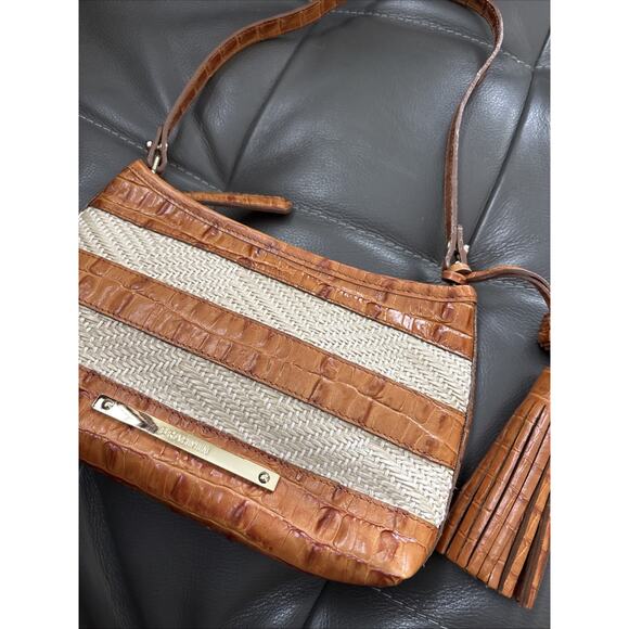Brahmin Tote Bag Womens Brown Croc Embossed Leather Woven Straw Shoulder Tassel - Picture 3 of 10